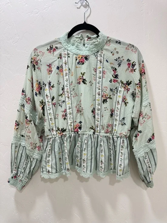 Anthropologie Hemant & Nandita Amour Floral Lace Blouse Top Mint Green Medium - Picture 4 of 15
